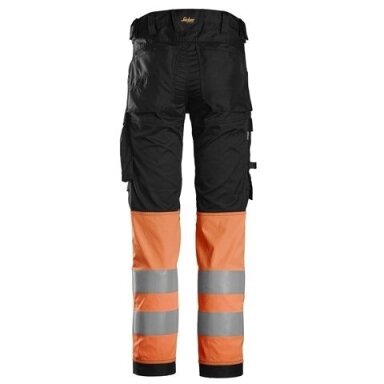 Darbinės SNICKERS WORKWEAR 6334 kelnės su Hi-Vis apsauga ant kojų, 1 klasė, juodos/oranžinės