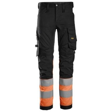 Darbinės SNICKERS WORKWEAR 6334 kelnės su Hi-Vis apsauga ant kojų, 1 klasė, juodos/oranžinės