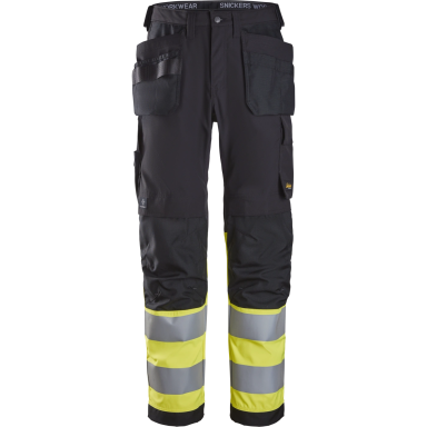 SNICKERS WORKWEAR Hi-Vis darbo kelnės 6239 su kabančiomis kišenėmis, 1 klasė, juodos/geltonos SNICKERS WORKWEAR Hi-Vis darbo kelnės 6239 su kabančiomis kišenėmis, 1 klasė, juodos/geltonos