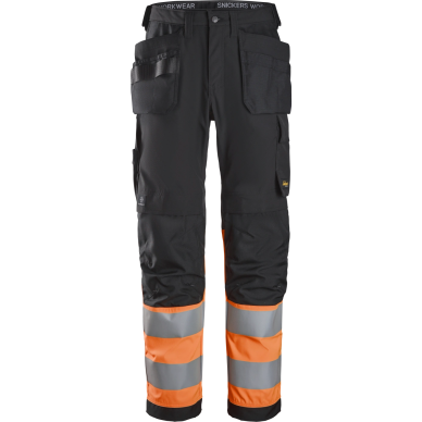 SNICKERS WORKWEAR Hi-Vis darbo kelnės 6239 su kabančiomis kišenėmis, 1 klasė, juodos/oranžinės SNICKERS WORKWEAR Hi-Vis darbo kelnės 6239 su kabančiomis kišenėmis, 1 klasė, juodos/oranžinės