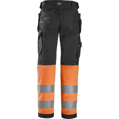SNICKERS WORKWEAR Hi-Vis darbo kelnės 6239 su kabančiomis kišenėmis, 1 klasė, juodos/oranžinės 1